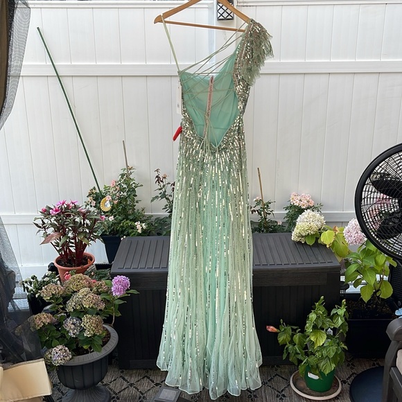 Mac Duggal - Sequined One Shoulder Flutter Sleeve A-Line Gown - Picture 8 of 16